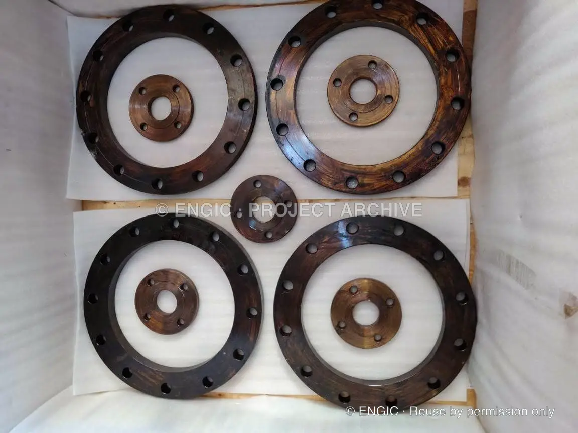 ENGIC-manufactured flanges during inspection and verification, photographed 12 April 2019