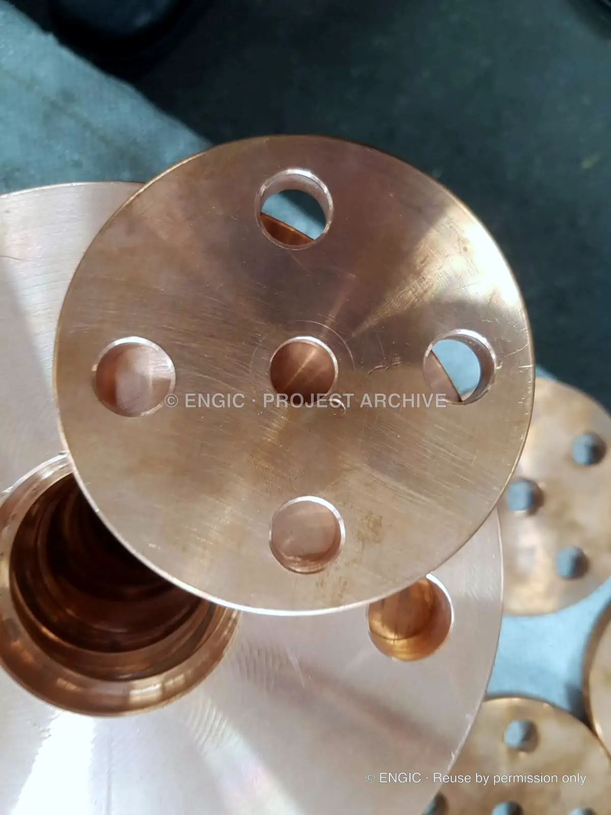 ENGIC-manufactured flanges during inspection and verification, photographed 18 April 2019