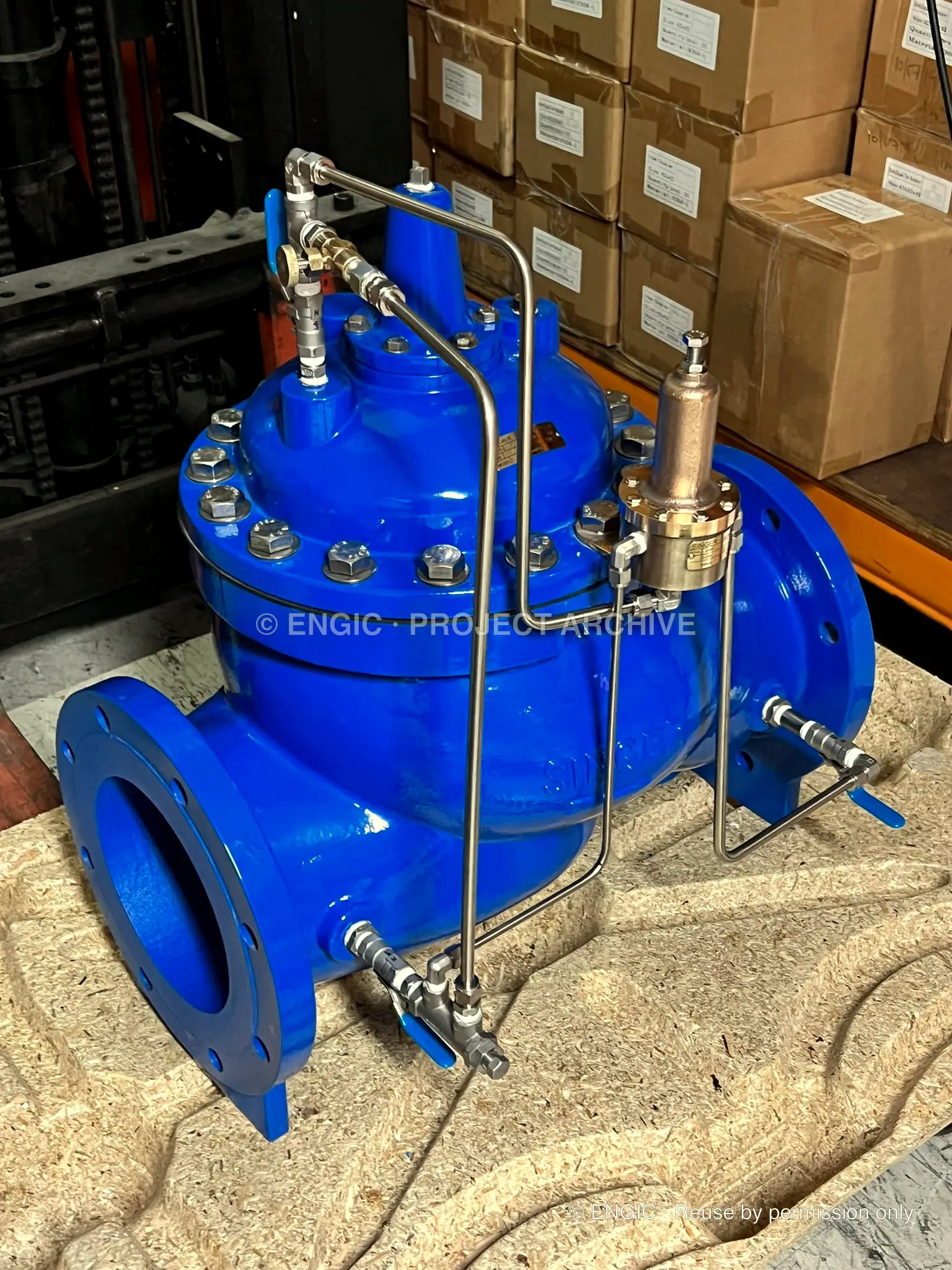 A flanged diaphragm control valve with brass pilot and stainless control tubing