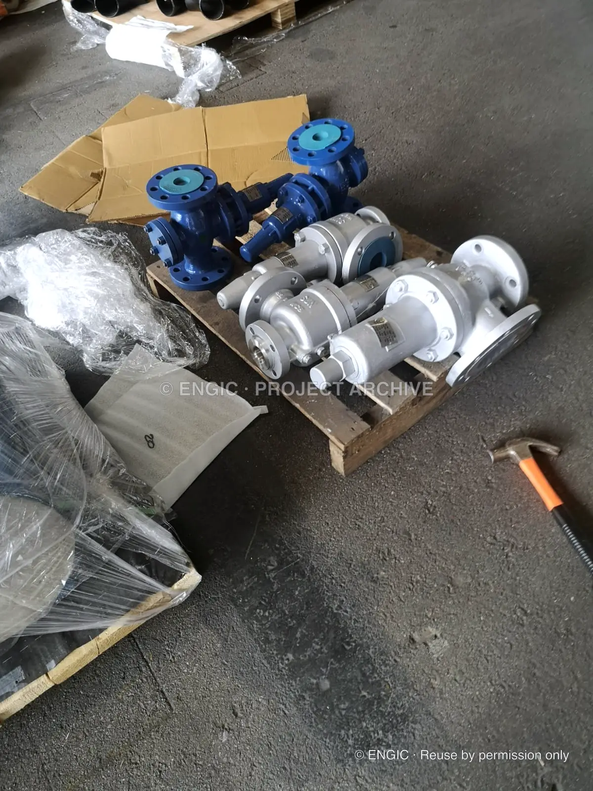 A flanged gate valve on a pallet