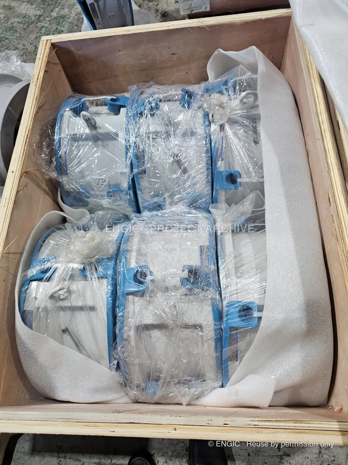 Multiple valves individually wrapped and protected inside a timber crate