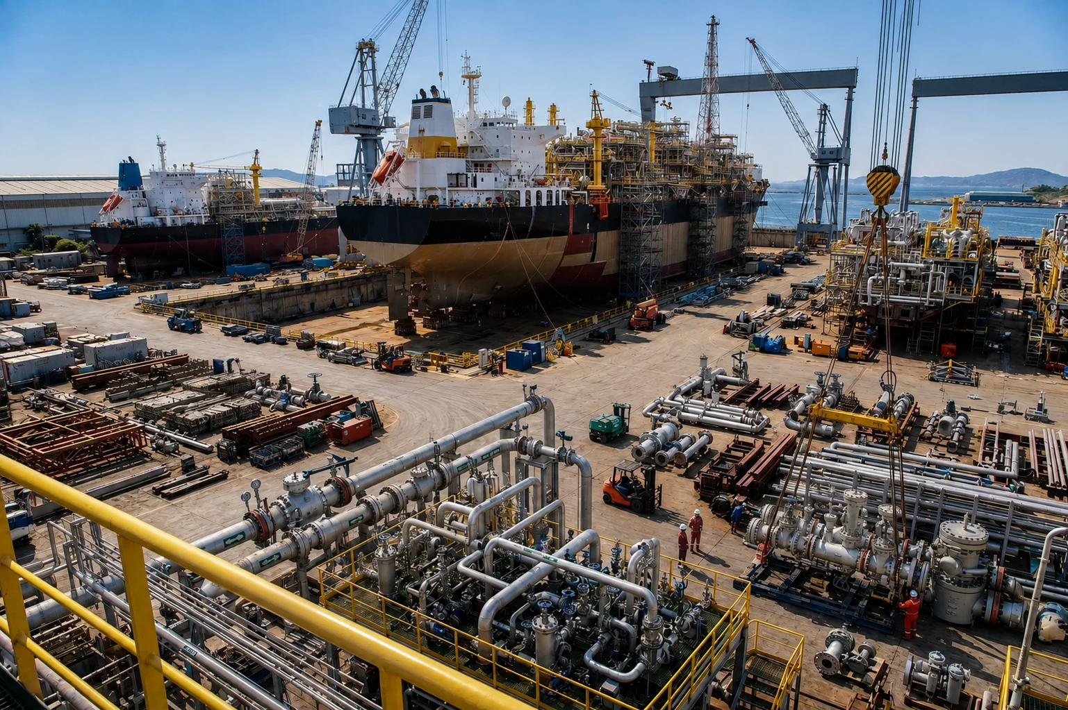 Shipyard scene with vessels in dry dock, cranes and piping assemblies